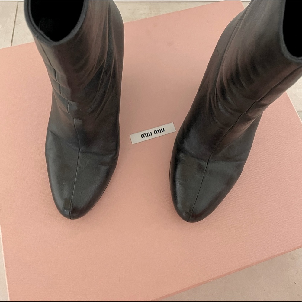 Miu Miu Black leather wedge booties. 4” heel sz 36 w/oh box shoe bags.